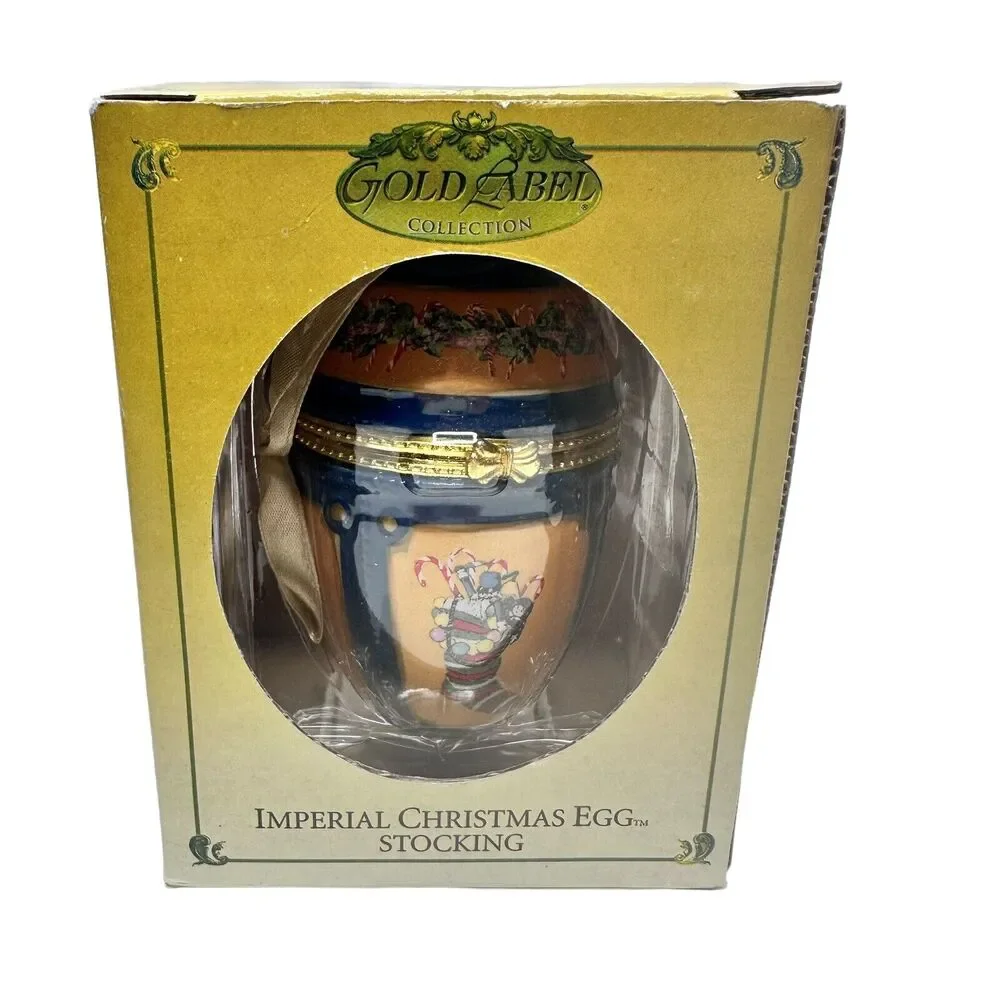 Imperial Nutcracker Porcelain Christmas Egg Gold Label Music‎ Box Ornament WORKS